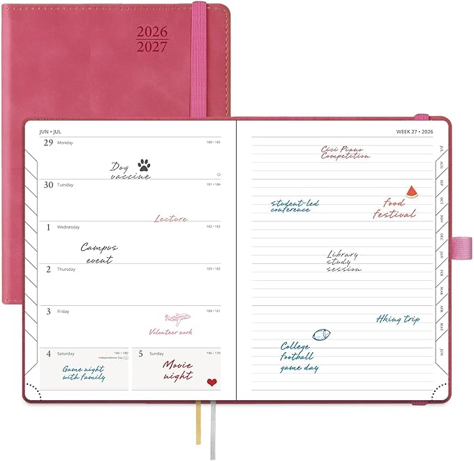 POPRUN Weekly Planner 2026-2027 (Medium 6.5''x 8.5'') Academic Calendar (JUL.26 - JUN.27) Appointment Book with Monthly Tabs, Leather Soft Cover, Inner Pocket, 100 GSM - Magenta