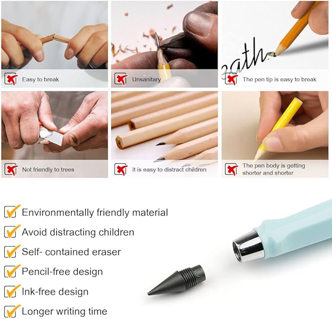 Ainiv 6 Sets Infinity Pencil Reusable Inkless Pencil No Sharpen Everlasting Pencil with Extra 6 Replaceable Nibs and 6 Cute Pencil Cups Infinite Pencil for Writing Drawing Home Office School Supplies