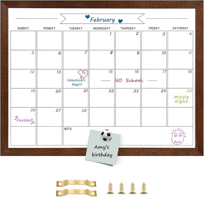 Dry Erase Monthly Calendar Whiteboard, Magnetic White Board for Wall, Solid Pine Wood Walnut Brown Frame Hanging Board for Office/School/Home，17.7"x 23.6"(YL-WB-4560-B)