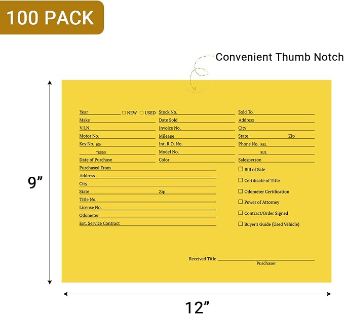 100 Pack Vehicle Deal Jackets for Dealerships, 9X12 Inch Printed Vehicle Deal Envelopes, Car Sales Deal Folders, Dealer Record Envelopes (Yellow)
