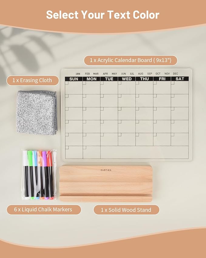Acrylic Dry Erase Monthly Calendar Board for Desk, 9x13 Transparent Acrylic Whiteboard with Date Grid, Wood Stand, 6 Wet Erase Markers, for Home, Office, School (White Text)