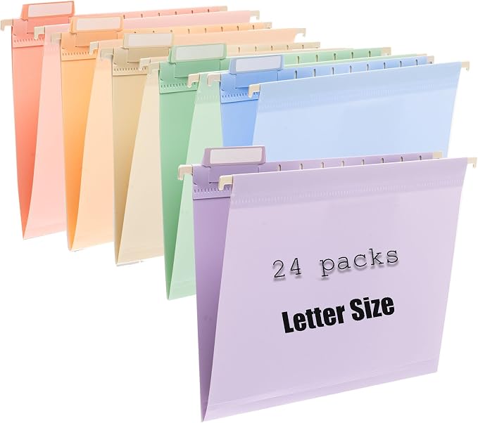 Tear-Resistant Plastic Hanging File Folders Letter Size, 24 Count File Organizer Suitable for File Cabinet Filing Cabinets, 1/5-cut Adjustable Tabs for Office, School