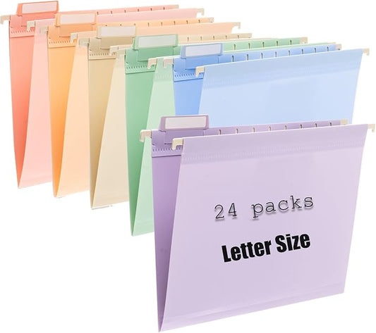 Tear-Resistant Plastic Hanging File Folders Letter Size, 24 Count File Organizer Suitable for File Cabinet Filing Cabinets, 1/5-cut Adjustable Tabs for Office, School