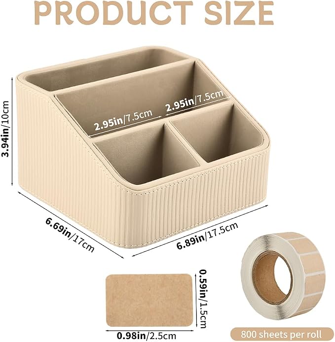 Remote Control Holder, Small Nightstand Organizer with 4 Compartments, PU Leather Desk Caddy, Multifunctional Bedside Desktop Organizers with Label Stickers(COLOR:Beige)