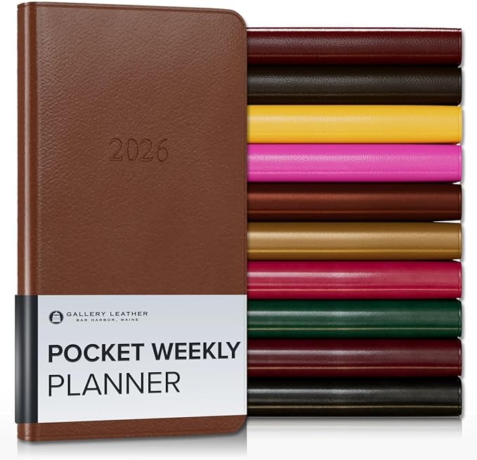 Gallery Leather Pocket Weekly Monthly Planner 2025-2026, Elegantly Bound Calendar Planner and Notebook with Stylish Gold-Gilded Page Edges, 12 Months- Monhegan Saddle - 6 x 3.25 "