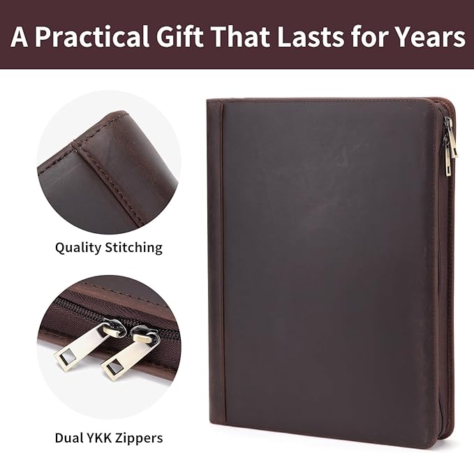 Personalized Genuine Leather Portfolio for Women and Men, Custom Engraved 8.5 x 11 Legal Padfolio, Zippered Notebook Laptop Organizer, Business Executive Folio for Work, Dark Brown