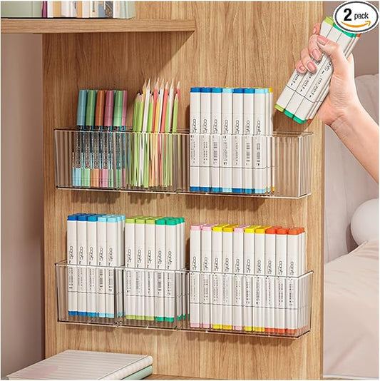 2 Pack Wall Mounted Marker Holder, 3 Compartments Clear Pen Holder Organizer, No Drill Wall Pencil Storage Rack Office Accessories Organizer (Clear)