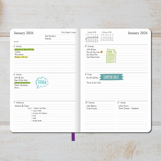 2026 Planner - Weekly and Monthly Planner, Jan 2026 - Dec 2026, Holidays, Contacts and Notes Pages, Vegan Leather Cover, Elastic Closure, 5.5”x8.25”, Purple