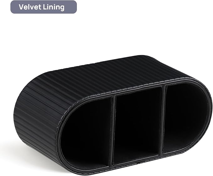 Oval Pen Holder for Desk, Remote Control Holder with 3 Compartments, PU Leather Small Desk Organizer Remote Caddy, Aesthetic Pencil Holder Desk Accessories for Home Office (Black)