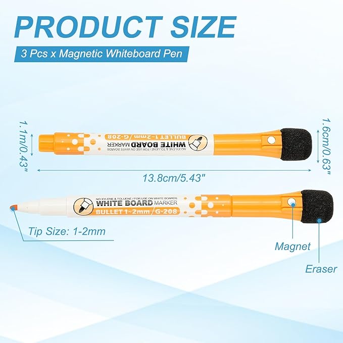 PATIKIL Magnetic Whiteboard Pen, Fine Tip Dry Erase Orange White Board Markers with Eraser Whiteboard Calendar Supplies for Classroom Office, 3 Pcs, 1-2mm Tip