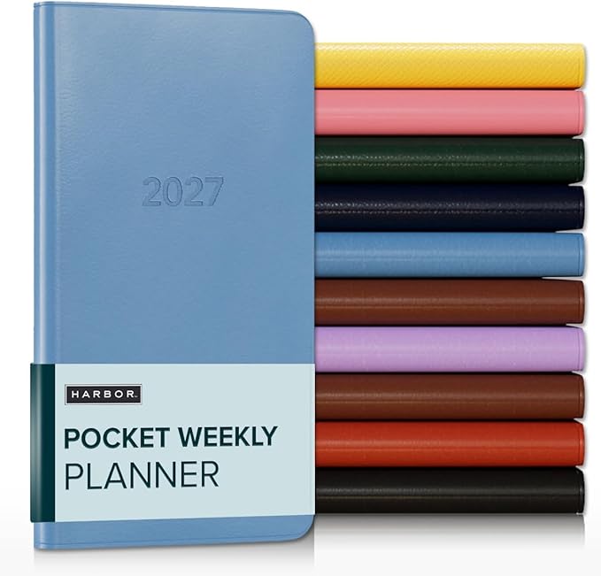Harbor Pocket Weekly Monthly Planner 2027, Calendar Planner and Notebook, Durable Faux Leather, 192 Pages, Softcover & Book Bound - Cambridge Reef Blue - 6x3.25"