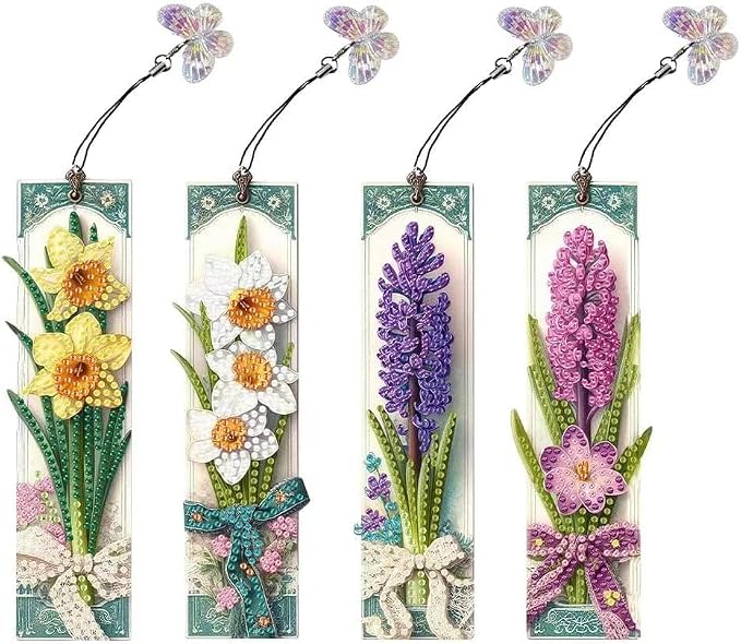 4PCS Flower Diamond Art Bookmarks,Diamond Painting Bookmark Kits for Adult,DIY Gem Art Crafts with Rhinestone Tassel for Graduation Reader Book Lover Gifts