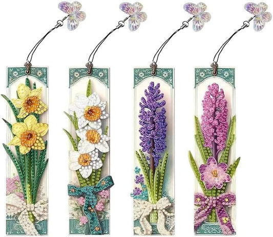 4PCS Flower Diamond Art Bookmarks,Diamond Painting Bookmark Kits for Adult,DIY Gem Art Crafts with Rhinestone Tassel for Graduation Reader Book Lover Gifts