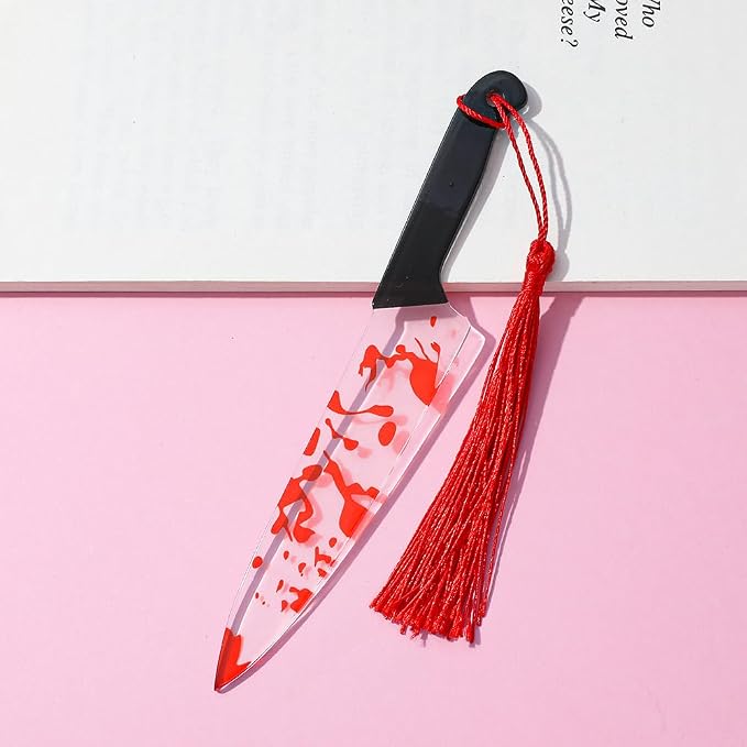 1pc Horror Novelty Bookmark - Creepy Tool Shapes with Blood Stain Design, Gothic Book Accessories for Halloween Gifts, Macabre Metal Page Holders with Red Tassels (1pc Dagger)