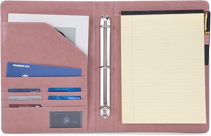 Vegan Leather 3 Ring Binder, 8.5 x 11 Letter Size Folio with Pen Holder, Soft Notebook Portfolio Cover, Slim Notepad Padfolio Thin File Organizer for Work Executive Meeting, Pink