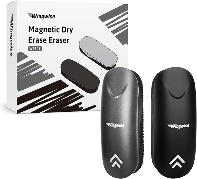 Wingwise Dry Erase Eraser, Magnetic White Board Eraser for Glass Whiteboards, Comfortable Grip, Strong Magnet, 2-Pack, Black + Gray (WE302)