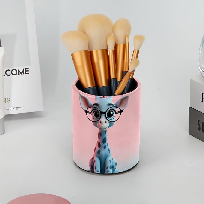 Leather Pen Holder for Desk, Cute Giraffe Makeup Brushes Holder Pencil Cup Multifunctional Desktop Organizer Caddy for Home School Office Desk Accessories