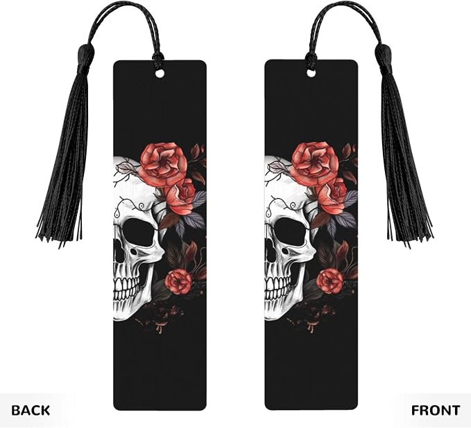 Skull and Flowers Double-Sided Printed Wooden Bookmarks 5Pcs, Cool Notebook Accessories Birthday Presents for Men Women Presents for Book Lovers (5 Piece Set)