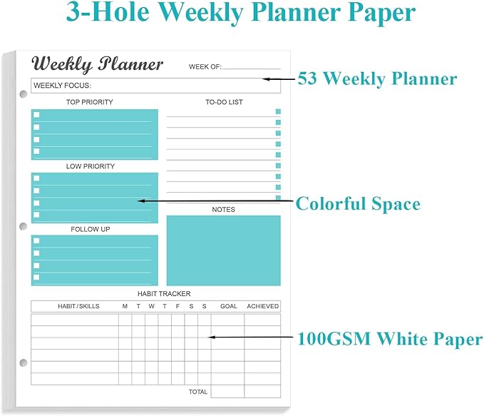 3-Hole Weekly Planner Refills - 53 Sheets/106 Pages Weekly Planner for 3 Ring Binders, 100 gsm White Paper, Lasts 1 Year, Undated, 8.5'' x 11'', Teal