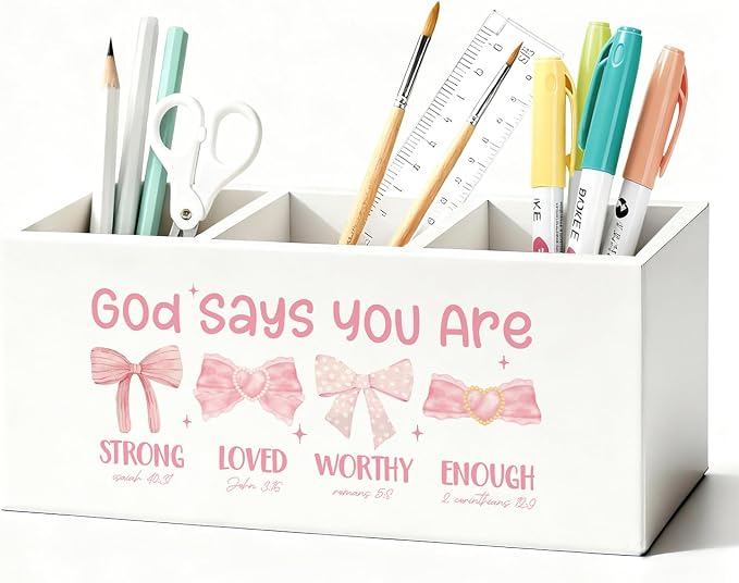 Coquette Pink Bow Christian Pen Holder, Christian Gifts for Women Pencil Holder for Desk, God Says You Are Bible Verse Wooden Box Sign Decorations for Girly Room Bedroom Dorm Desk Tabletop
