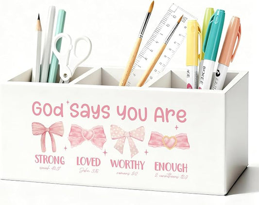 Coquette Pink Bow Christian Pen Holder, Christian Gifts for Women Pencil Holder for Desk, God Says You Are Bible Verse Wooden Box Sign Decorations for Girly Room Bedroom Dorm Desk Tabletop