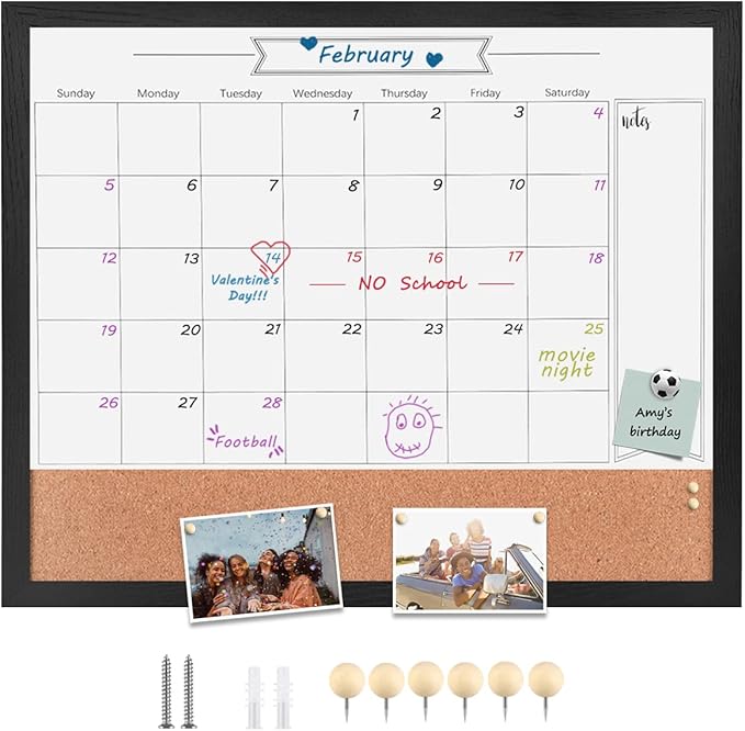 Dry Erase Calendar Whiteboard for Wall, Combination Magnetic Dry Erase White Board & Bulletin Board, 23.6" x 31.5" Wood Framed Calendar/Cork Combo Board(BK-6080)