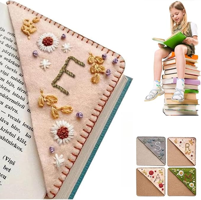 Personalized Hand Embroidered Corner Bookmark, 26 Letters Cute Flower Embroidered Corner Bookmark Embroidery Book Marker Clip for Book Lovers Bookmarks for Reading Lovers Meaningful GIF (Spring, E)