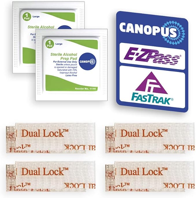 CANOPUS EZ Pass/I-Pass/SunPass Mounting Strips: Dual Lock Tape, Ezpass Tag Holder, Reclosable Fastener, Adhesive Peel-and-Stick Strips (4 Sets - 8 Pcs) with Cleaning Prep Pad (2 Pcs)