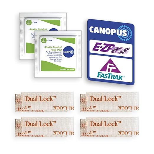 CANOPUS EZ Pass Mounting Kit – Dual Lock Reclosable Fastener Strips with Adhesive Backing (4 Sets, 8 Pieces) + 2 Cleaning Prep Pads – Tag Holder Tape for Toll Transponders