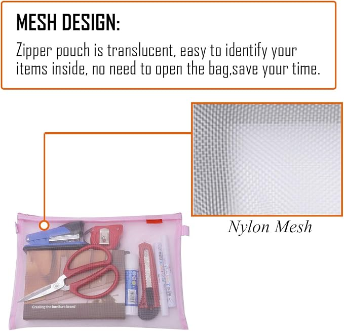 Pendancy Mesh Zipper Pouch 5pcs Lightweight Nylon File Folders Document Organizer Cosmetic Bags Accessories Storage for Travel and Office Supplies(Pink, A4 A5 A6)