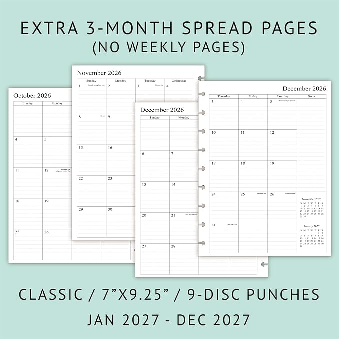 2027 Weekly Planner Refills for Happy Planner Classic Notebook - 9 Discs Punched, Two Pages Per Week, Jan 2027 to Dec 2027, 7" x 9-1/4"