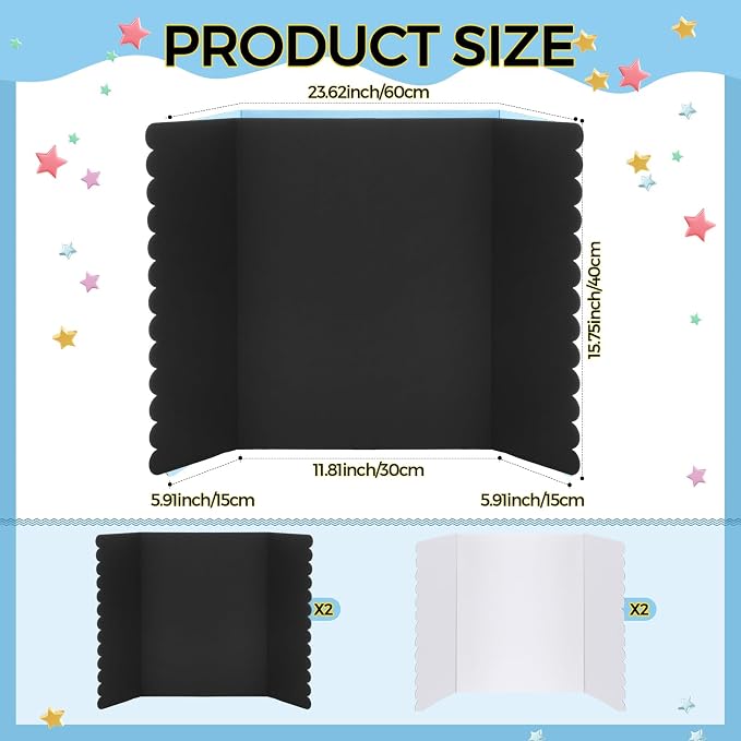 Mooliwe 4 Pack 24" x 16" Trifold Poster Board, Medium Tri Fold Board Foldable Corrugated Presentation Display Scalloped Borders for Science Fair, School Project, Graduation Photo Display(Black White)