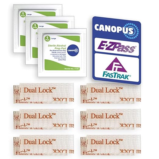 CANOPUS EZ Pass Mounting Kit – Dual Lock Reclosable Fastener Strips with Adhesive Backing (6 Sets, 12 Pieces) + 3 Cleaning Prep Pads – Tag Holder Tape for Toll Transponders