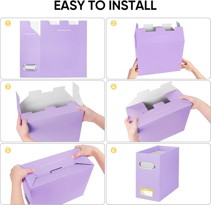 BALEINE File Organizer Box, Cardboard File Folder Organizer with Handle for Letter Size, Portable Collapsible Hanging Filing Box for Home Office Document Storage (8 Pack, Lavender)