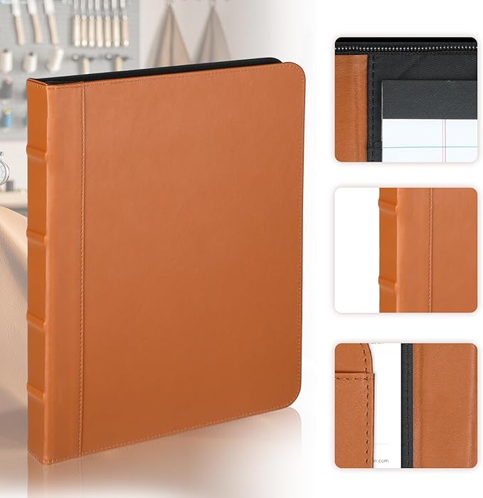Small Portfolio/Zippered Padfolio Binder, Book Style Hardback Design, Business & Interview Portfolio Organizer, 5 x 8 Writing Pad Included, Brown