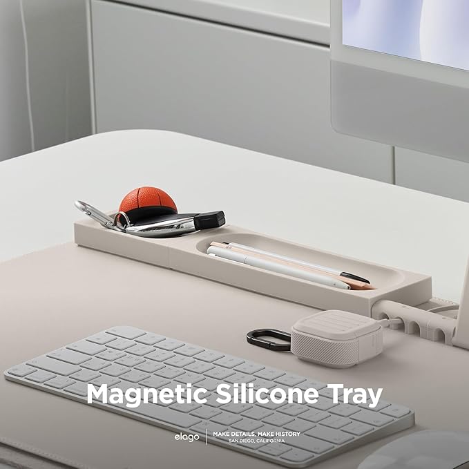 elago Smart Magnetic Desk Mat Pencil Tray – Soft Silicone Organizer for Office Supplies, AirPods, Glasses, Pens – Noise-Free, Non-Slip, Washable, Item for Desk Management [Medium-Small Set] (Stone)