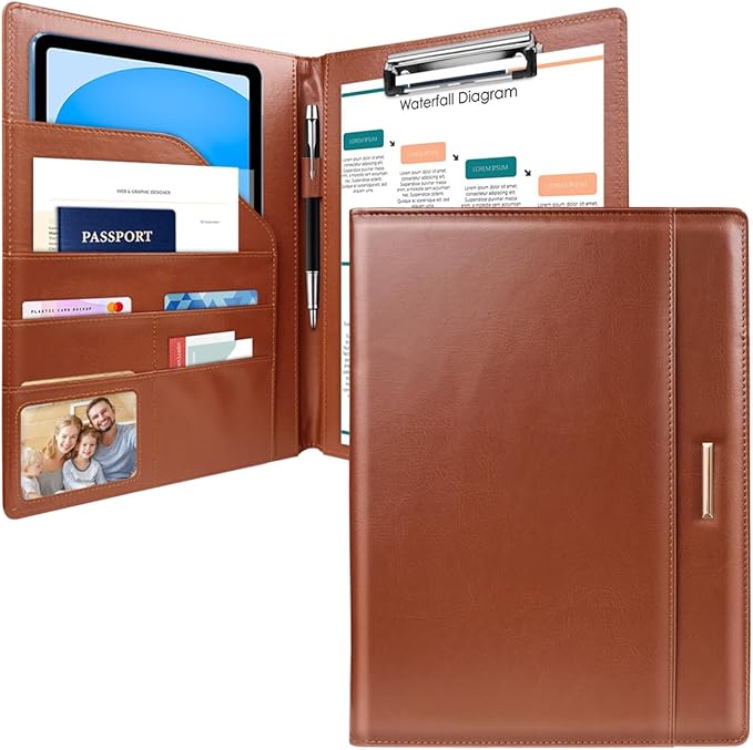 Padfolio/Resume Portfolio Folder for Women Men, WAVEYU Cute Chic Padfolio Cover Folder, Conference/Legal Document Organizer with Letter/A4 Size Clipboard, Document Sleeve, Brown
