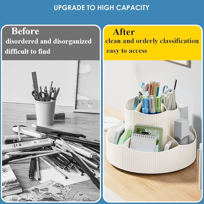 Desk Organizer, 11 Slots 360-Degree Rotating Pencil Pen Holder for Desk, Desktop Storage Pen Organizers Stationery Supplies, Art Supply Storage Box Caddy for Office, Home (Beige)