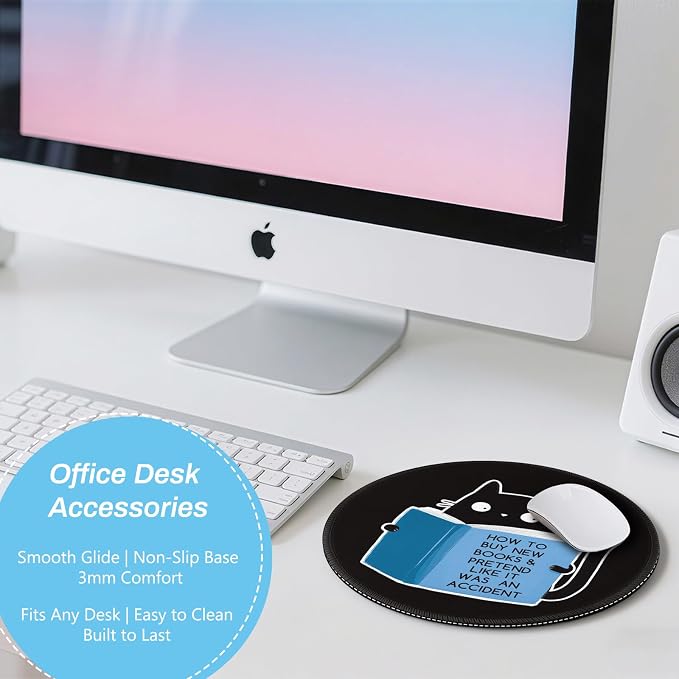 Gctriki Cute Cat Reading Mouse Pad, 8.6" Round Funny Mousepad with Stitched Edge & Non-Slip Base, Comfortable Mouse Pads for Computer Laptop, Unique Office Decor & Home Desk Accessories Book Lovers