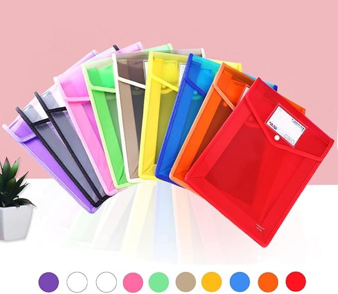 Plastic Document File Folder A4 Size Expandable Poly Envelopes Waterproof Transparent File Pouch with Snap Closure & Label Pocket Assorted Colors for School Office Organization (Vertical,10 Pack)
