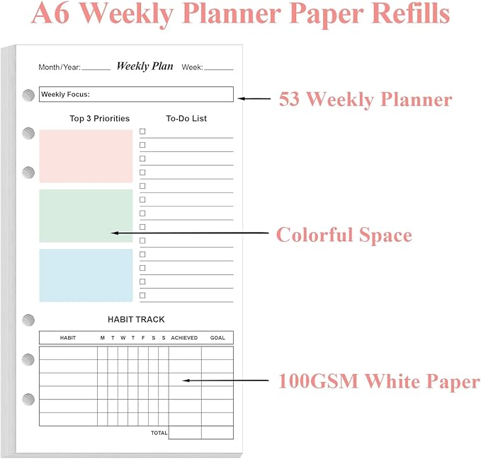 (2-Pack) A6 Weekly Planner Refills for Filofax Personal Binders, 106 Sheets/212 Pages Undated Colorful Weekly Planner, 6-Hole Punched, 100 gsm White Paper, Last 2 Year, 3.75" x 6.75"