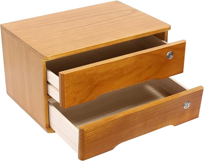 Lockable Desk Organizer Wooden Desktop Drawers Office Flat Files Storage Box Locking Countertop Storage Cabinet (Wood Yellow, 2-Tier)