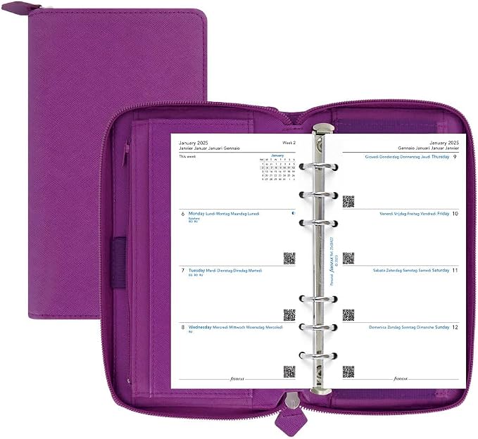 Filofax Saffiano Zip Organizer, Personal Compact Size, Rasperry - Cross-Grain, Leather-Look, Six Rings, Week-to-View Calendar Diary, Multilingual, 2025 (C022535-25)