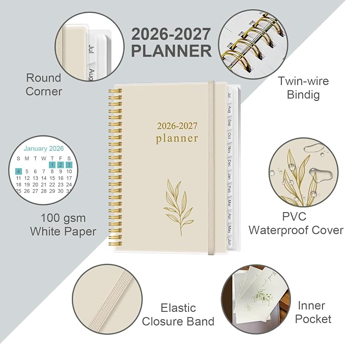 2026-2027 Planner - Planner 2026-2027 from July 2026 to June 2027, Weekly & Monthly Planners Spiral Bound with 12 Monthly Tabs, Inner Pocket, 6.4" x 8.5", Beige