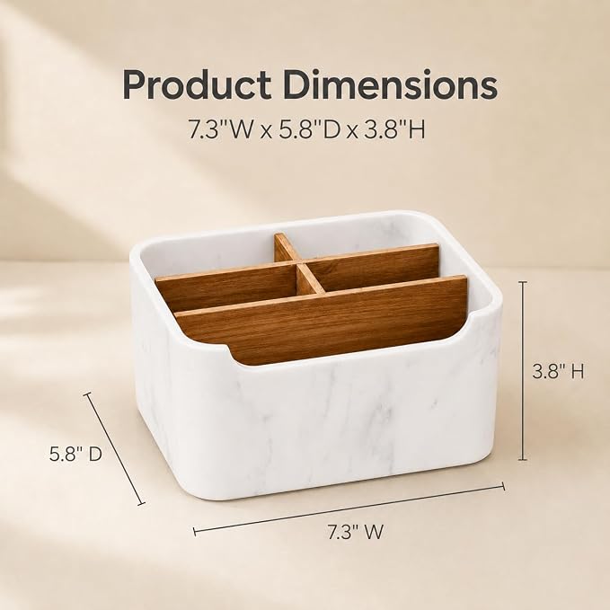 Remote Control Holder with Removable Wood Compartments for Media Devices, Desktop Stationery, and Bedside Nightstands,White
