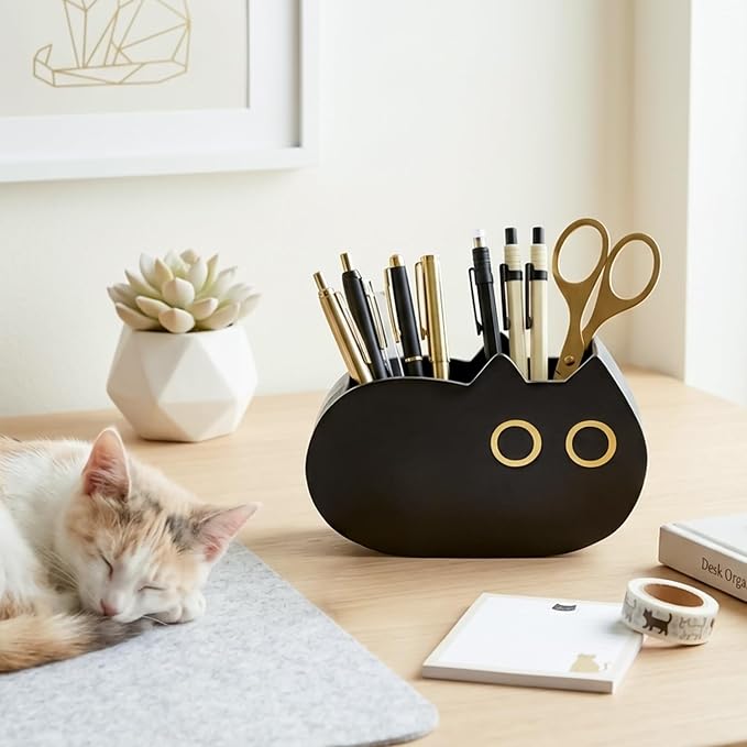 MALLMALL6 Black Cat Pencil Holder - Back to School Wooden Pen Holder, 2 Compartments Kitten Shaped Caddy Case Gifts for Kid Students Pet Lover, Desktop Storage Organizer for Classroom Office Decor