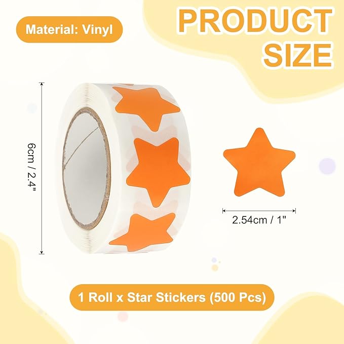PATIKIL Star Stickers Roll 1", 500 Pcs Self-Adhesive Reward Stickers for Classroom Teacher Supplies and DIY Craft, Orange