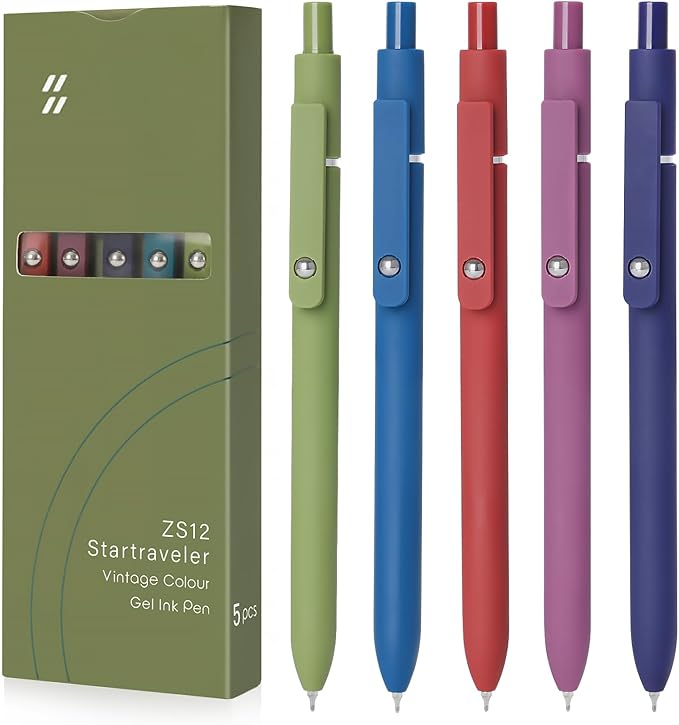 FIOVER High-End Vintage Gel Pens, 5-Pack 0.5mm Fine Point Black Ink Pens with Soft Grip & Metal Clip, Smooth Writing Retractable Pens for Journaling, Office, Note Taking(Retro color)
