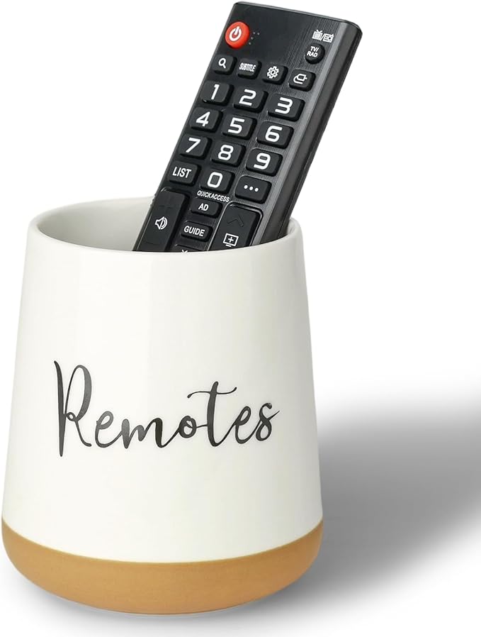 LEETOYI Ceramic Bedside Remote Caddy, 4.1" Remote Control Holder for Makeup Brushes & Office Supplies, Farmhouse Remote Organizer for Table, Living Room, Bedroom & Office