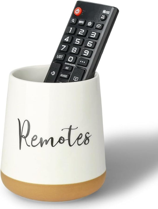 LEETOYI Farmhouse Ceramic Remote Control Holder, Remote Caddy Storage, 4.1" White